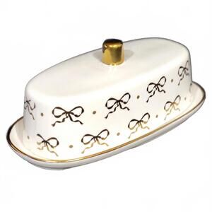 Yedi Gold Bows on White Butter Dish w Lid 8x4" Ceramic Coquette Bridal Bow Glam